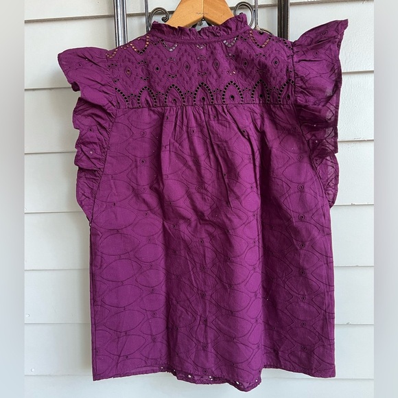 Loft Purple Petite Eyelet Ruffle Tie Neck Top Size S - Picture 4 of 7